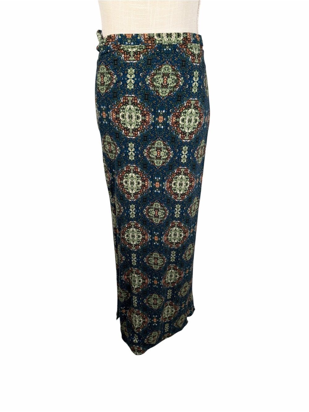 Earthbound Trading Co Teal Blue Boho Medallion Print Wrap Maxi Skirt - Picture 2 of 8